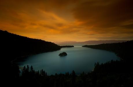 日落，晚上，湖，塔霍，加利福尼亚州