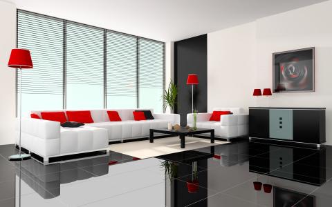 黑色瓷砖，白色沙发，红色灯罩和枕头