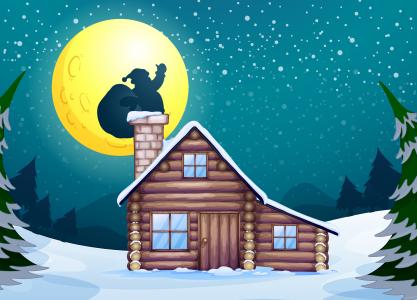 烟囱，月亮，房子，圣诞节，新年，圣诞老人，雪，树