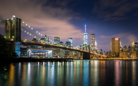 纽约，城市，桥梁，夜​​晚，灯光