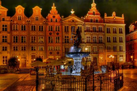 波兰，房屋，喷泉，格但斯克，夜，城市