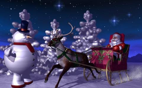 新年，雪人，圣诞老人，雪橇，驯鹿