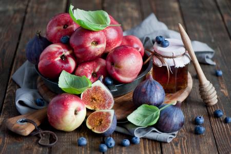 水果，浆果，油桃，无花果，蓝莓，蜂蜜