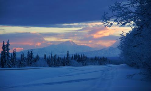 阿拉斯加，冬天，雪，山，早晨，日出