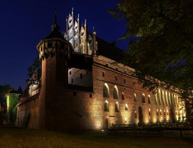 城堡，堡垒，波兰，马尔堡，砖，夜