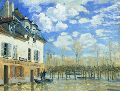 绘画，河流泛滥，房屋，景观，阿尔弗雷德西斯利，洪水在马里港，春天