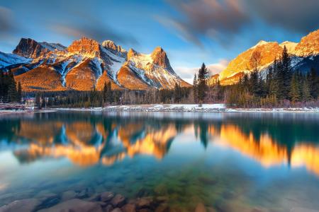 景观，自然，山，湖，反射，艾伯塔省，加拿大