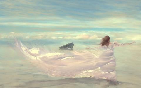 绘图，风，女孩，裙子，天空，钢琴，云