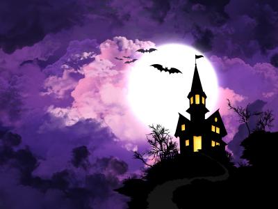 万圣节，万圣节，城堡，月亮，蝙蝠