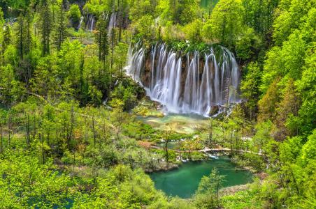 树木，瀑布，瀑布，国家公园，十六湖，克罗地亚，Plitvice