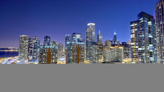 芝加哥，芝加哥，夜晚的城市，摩天大楼