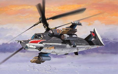 ka-50，黑鲨，直升机，飞行，刀片，悬挂，机舱，枪