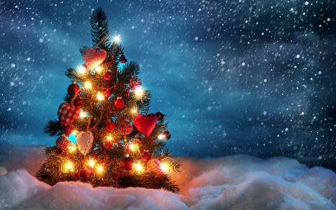 圣诞树，装饰，玩具，球，心，花环，冬天，雪，降雪，新的一年，假日