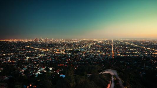 洛杉矶，加利福尼亚州，城市，晚上，灯光，日落，洛杉矶，加利福尼亚州，美国