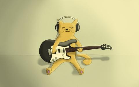 猫与吉他，在耳机，音乐，耳机，吉他，猫，跑步微笑