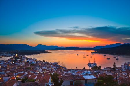 圣托里尼，希腊，爱琴海，希腊，爱琴海，晚上，日落，天空，海，房子，港口，小船，景观，城市
