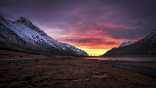 路，挪威，早晨，谷，山