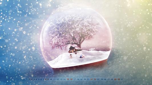 新年2013年，日历，12月，玻璃球，雪人，房子，树，雪