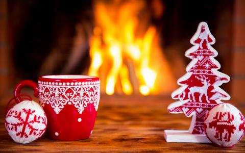 新的一年，2016年，壁炉，火，杯，树，玩具，假期