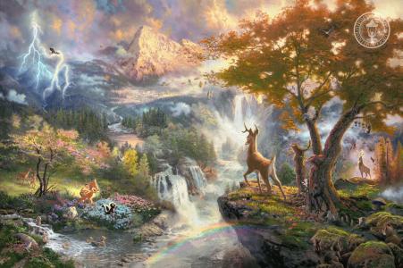 斑比，卡通，华特迪士尼，大自然，河，山，瀑布，鹿，鸟，动物，托马斯kinkade，绘画，第一年的bambis，托马斯kinkade，绘画