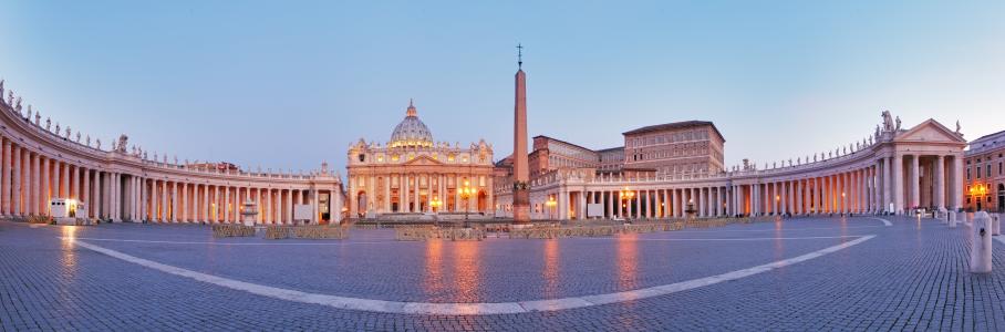 梵蒂冈城，梵蒂冈，罗马，意大利，圣彼得广场，圣彼得大教堂，梵蒂冈方尖碑，梵蒂冈城，罗马，意大利，圣伯多禄广场，圣彼得大教堂，广场，大教堂，方尖碑，全景