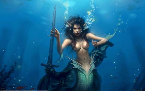 女孩，剑，美人鱼，海底世界，西宁妈妈
