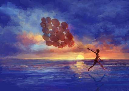 女孩，海，日落，气球，心情