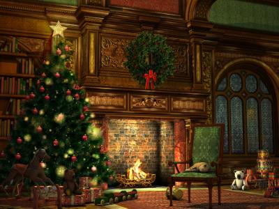 新的一年，假期，圣诞节，房间，内部，圣诞装饰品，圣诞树，礼品，装饰品，花环，灯，毛皮树，玩具