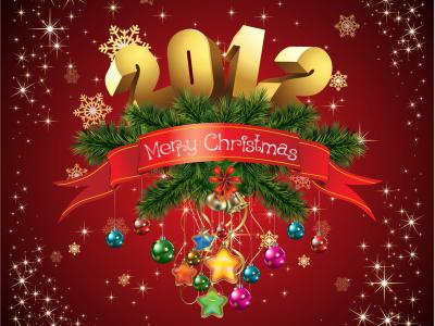 圣诞快乐，2012年，圣诞快乐，针圣诞树，雪花，丝带，玩具，球，星星，钟