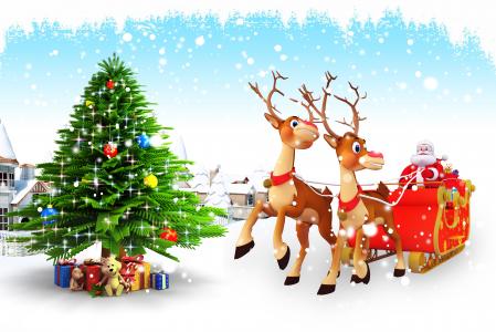 鹿，新年，心情，孩子，艺术，假日，圣诞树，圣诞老人，雪橇