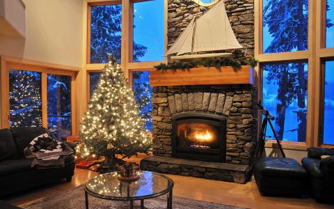 房间，壁炉，纪念品风帆，圣诞树，家具，望远镜，雪