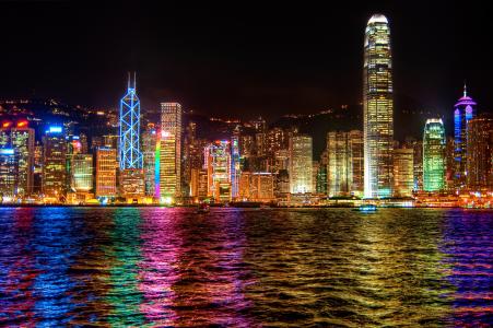 城市，香港，晚上