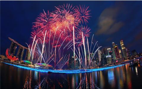新加坡，烟花，晚上，2015，城市，新加坡，晚上，假日，敬礼，烟花，新年，水，大都会，玛丽娜湾沙滩