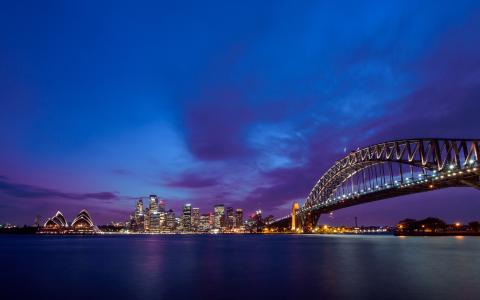 悉尼，澳大利亚，悉尼海港大桥，海港大桥，杰克逊港，悉尼港，悉尼，澳大利亚，海港大桥，杰克逊港湾，夜晚的城市，桥，海湾