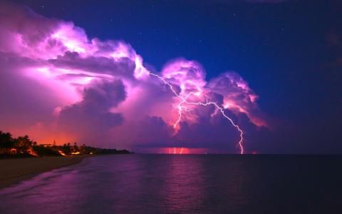 闪电，雷暴，云，天空，星星，海，海滩，夜晚，自然力量，景观，自然