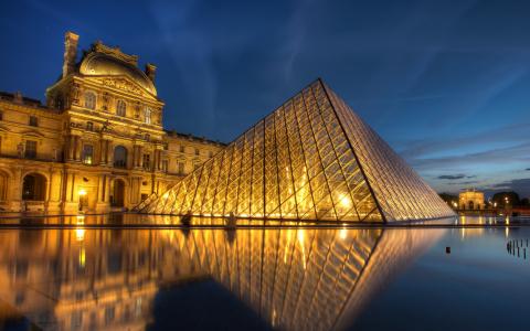巴黎，法国，法兰西岛，卢浮宫，法国，夜晚，建筑，博物馆，金字塔，城市