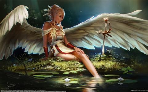 詹姆斯Strehle，女孩，天使，翅膀，军刀，池塘