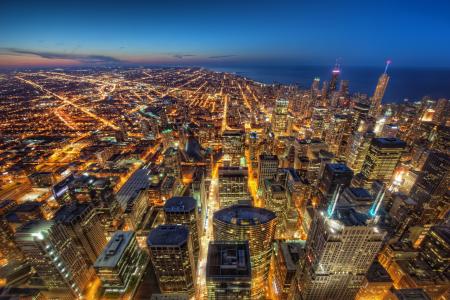 芝加哥，芝加哥，夜晚的城市，灯光，建筑，摩天大楼