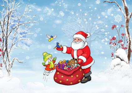圣诞老人，喜悦，兔子，新年，树，雪，袋，绘图，鸟，婴儿，雪花，玩具，冬天，假期，礼物，图形，乐趣