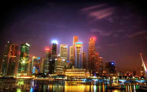 新加坡，晚上，天际线，城市