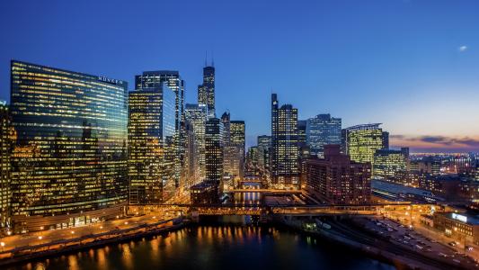 芝加哥，伊利诺伊州，城市，晚上，摩天大楼，芝加哥，伊利诺伊州，美国