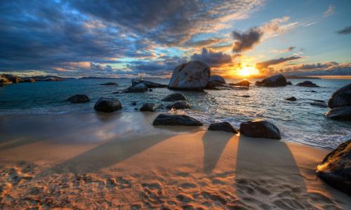 英属维尔京群岛，加勒比海，英属维尔京群岛，加勒比海，日落，海岸，石头，海
