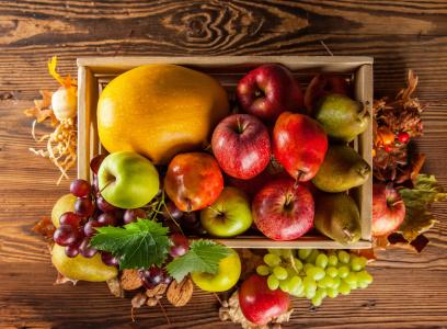 秋天，收获，水果，蔬菜，南瓜，葡萄，梨，苹果，盒子