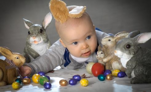 婴儿，鸡蛋，兔子，复活节，耳朵，孩子