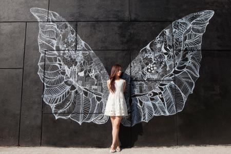 翅膀，女孩，绘图，墙