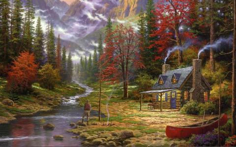 绘画，托马斯金凯德，山，河，渔夫，篝火，森林，毛皮树，房子，托马斯金凯德，美好的生活