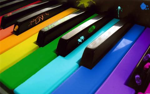钢琴，键盘，颜色，彩虹，黑色，红色，橙色，黄色，天蓝色，绿松石，绿色，音乐