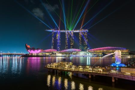 新加坡，新加坡，玛丽娜湾沙滩，眩光，玛丽娜湾，夜景，灯光，激光表演，鱼尾狮，鱼尾狮，玛丽娜湾