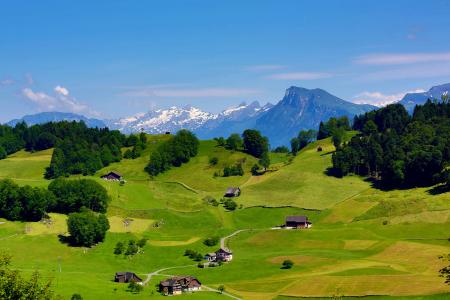 burgenstock，瑞士，田地，丘陵，山，房屋，景观，顶视图