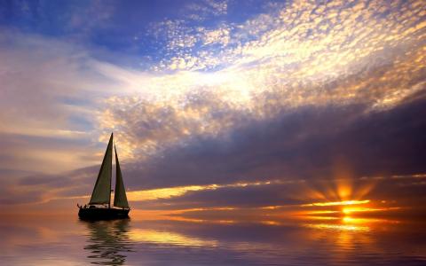 游艇，海，平静，日落